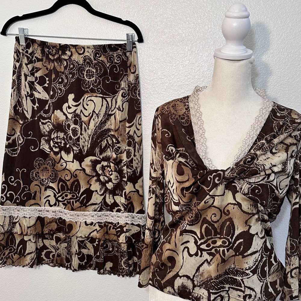 Read* VTG Earthy Coquette Floral Lace Trim Skirt Set Women Top 6 Bottom 10 Brown